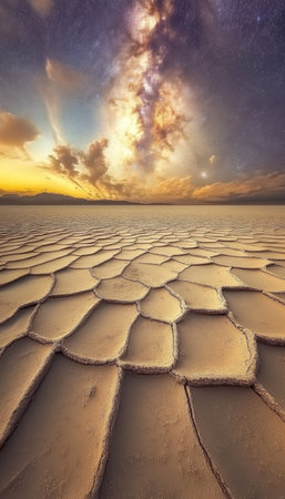 Cracked Earth Under Milky Way. Global Warming, Climate Change And Environmental Concept.の素材