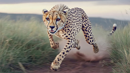 Cheetah Pursuing Prey, Blur of Motion Across Savannah During Sunrise, Wildlife Photographicの素材