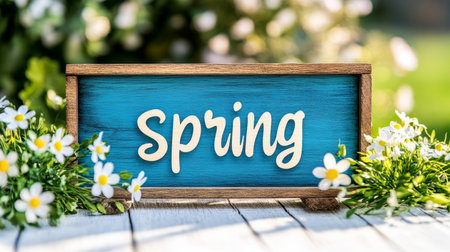 Rustic Wooden Sign Announcing Spring Amidst a Colorful Bloom of Flowers. Spring Season Conceptの素材