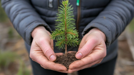 Womans Hands Holding Small Pine Tree Sapling, Symbolizing Forest Conservation and Renewalの素材