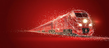 Abstract High-Speed Train, Triangles, Lines on Red Background. Technology, Transportation Concept.の素材