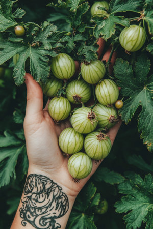 Hand With Floral Tattoo Holds a Bounty of Fresh, Ripe, Green Gooseberries Among Lush Leavesの素材