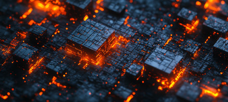 Abstract Glowing Cubes A Futuristic Concept of Information Technology and Data Processing.の素材