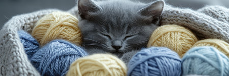 Sleeping Gray Kitten Nestled in Cozy Yarn Basket, Soft Lighting, Warmth, Comfort, Homeの素材