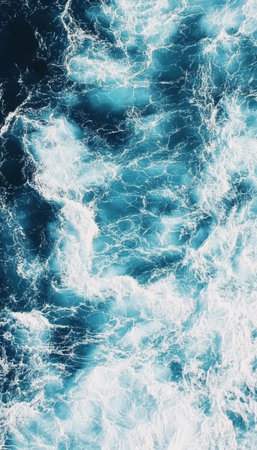 Turquoise ocean waves with white foam crashing on a sunny summer day, background, texture.の素材