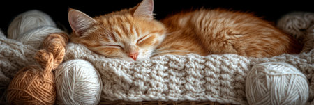 Cozy Kitten Napping in Basket Tranquil Scene with Yarn and Soft Textures for Comfort and Warmthの素材
