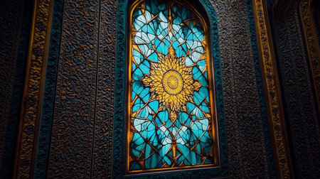 Intricate Arabian Window Design, Featuring Islamic Architecture and Ornamental Stained Glassの素材