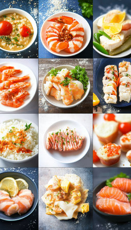 Seafood Cuisine, Collage of Delicious Salmon Dishes with Various Ingredients and Cooking Stylesの素材