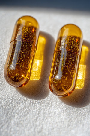 Two Golden Softgel Capsules in Minimalist Lighting Wellness, Health, and Supplement Conceptの素材