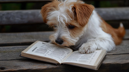 Curious Canine Companion Adorable Dog Reading a Book on Rustic Wooden Bench, Outdoor Settingの素材