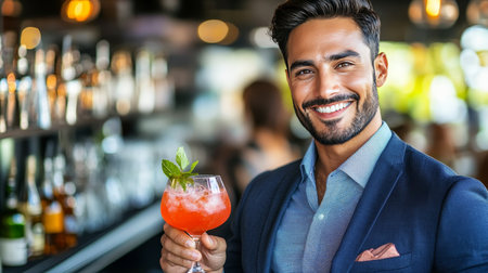 Stylish Man Enjoying Cocktail in Upscale Bar A Portrait of Sophistication and Leisureの素材