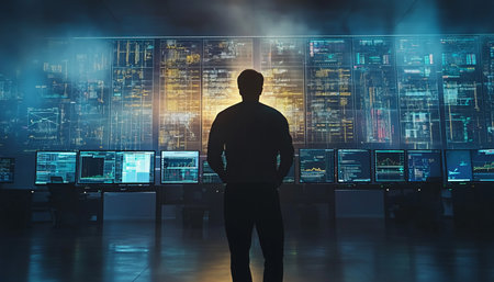Silhouetted Man Monitoring Financial Data on Multiple Screens in a High-Tech Control Room.の素材