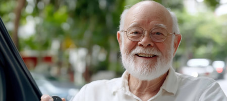 Portrait of a happy senior man sitting in car, holding a car key on blurred backgroundの素材