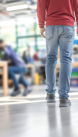 Office Worker In Casual Wear Standing In A Modern Blurred Office Interior. Focus On Legsの素材