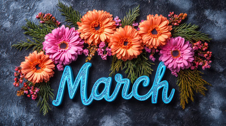 Hello March. Spring Bouquet With Colorful Gerbera Flowers Floral Arrangement On Dark Background,の素材