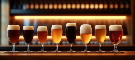 Eight Different Draft Beers in Pint Glasses on a Bar Counter with a Warm Backlit Atmosphereの素材