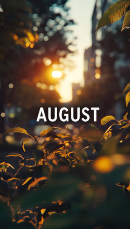 August Golden Hour Sunlight Through Trees In A Warm Color Palette, Transitioning Summer To Fall.の素材