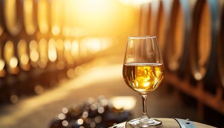 Glass of White Wine on a Barrel in a Cellar with Golden Light, Winery Tourism Concept.の素材
