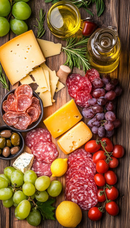Mediterranean Appetizers With Different Types of Cheese, Meat, Fruit on Rustic Wooden table,の素材