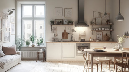 Bright, spacious studio apartment with fashionable scandinavian style furniture. Interior design.の素材