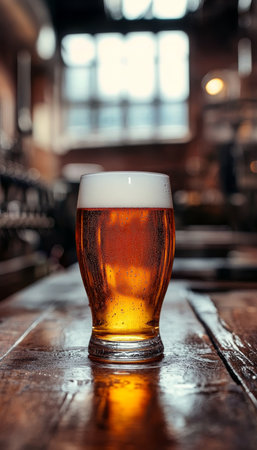 Glass of Cold, Refreshing Beer on a Rustic Wooden Table in a Warmly Lit Brewery Settingの素材