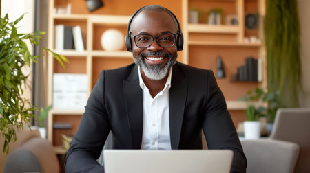 Smiling Businessman with Headphones Engages in Online Training Webinar from Home Officeの素材