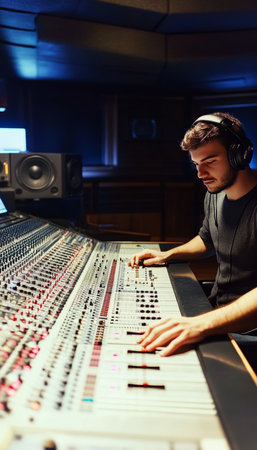 Male Sound Engineer Mixing Music on Audio Console, Working on a New Album in a Recording Studio.の素材