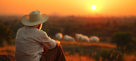 Rural Serenity. Senior Farmer Con templates Sunset with his Goats Grazing on a Hillside.の素材