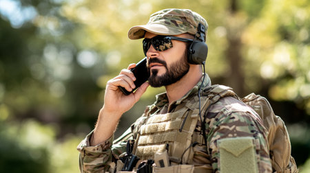 Soldier in Combat Zone Relaying Vital Intel on Phone, Tactical Communication During Operation.の素材