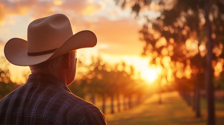 Contemplation at Golden Hour Silhouette of Senior Farmer in Cowboy Hat Admiring Orchard Sunset.の素材