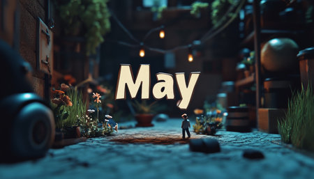 Whimsical May A Miniature World With Flowers, Rustic Charm And Springtime Enchantment At Nightfallの素材