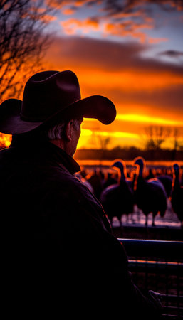 Lone Rancher Watches His Turkey Flock Settle for the Night as the Sun Sets on the Farmの素材