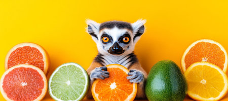Playful Primate Ring-Tailed Lemur Explores Vibrant World Of Citrus And Exotic Fruitsの素材