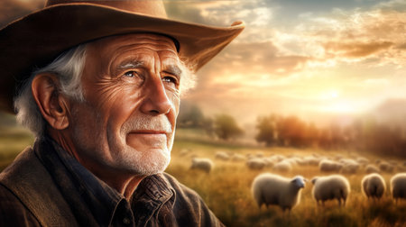Golden Hour on the Ranch Experienced Cowboy Gazing Upon His Grazing Sheep, a Picture of, Peace,の素材