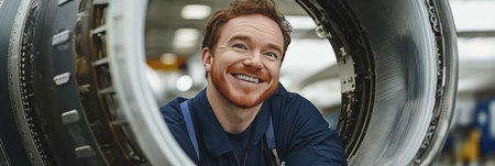 Smiling Mechanic Inspecting Turbine Engine, Aircraft Maintenance, Workshop Background.の素材