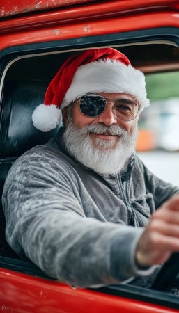 Whimsical Santa Behind the Wheel, Embracing the Holiday Spirit During a Festive Driveの素材