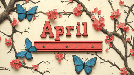 April Blooms Blue Butterflies Fluttering Around Cherry Blossoms on Textured Backgroundの素材