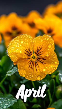 A Bright Yellow Pansy April Showers bring May Flowers. Drops of rain rest on a spring flower.の素材