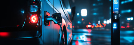 Electric Bus Charging at Night City Street, Sustainable Urban Transportation, EV Infrastructureの素材