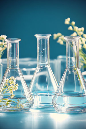 Laboratory Glassware with Plants for Scientific Research Experiment , Blue Backgroundの素材