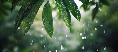 Lush Green Leaves Glisten under Tropical Rain Shower, Rainforest Tranquility, Jungle Vegetationの素材
