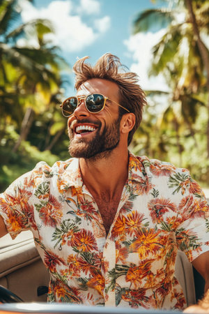 Carefree Man in Tropical Shirt Enjoys a Sunny Day, Cruising in a Convertible Amidst Palm Treesの素材