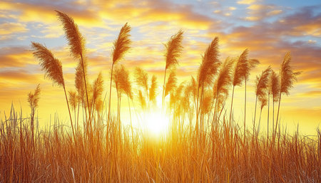 Golden Hour in the Meadow Serene Sunset over a River with Tall Grasses, Tranquil Nature Backgroundの素材