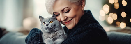 Senior Woman With Blonde Hair and Blue Sweater Enjoys Cozy Moment With Her Gray Cat, Home Interiorの素材