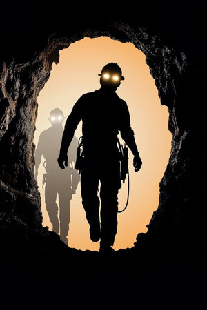 Underground Exploration Silhouettes Of Miners Entering Dark Coal Mine With Headlampsの素材