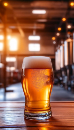 Refreshing Pint of Golden Beer in Traditional Brewery Atmosphere with Sunlit Interiorの素材