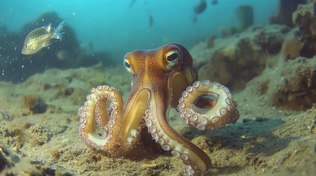Curious Octopus Exploring the Ocean Floor, a Close-Up Encounter with Marine Wildlife.の素材