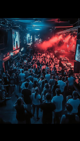 Lively Concert Crowd Enjoys Music with Energetic Atmosphere and Colorful Stage Lighting.の素材
