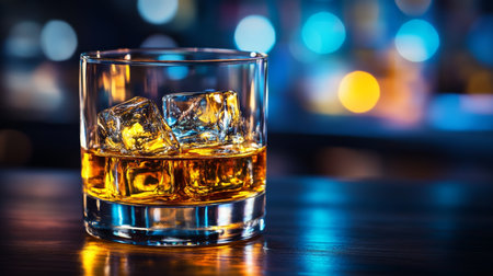 Golden Whiskey on the Rocks in a Nightclub Setting, Refreshing Beverage for a Night Out.の素材