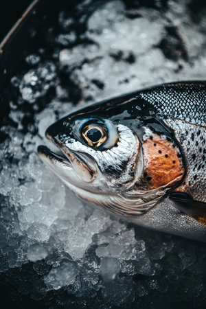 Fresh Rainbow Trout on Ice A detailed close-up of the fishs vibrant colors and textures.の素材